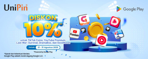 Top Up dan Diskon 10% untuk TikTok Coins, Youtube Premium, Youtube Music, Last War, DramaBox, dan GoodNovel